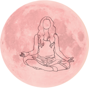 Tekening van een vrouw die in meditatiepositie zit en zich opgeladen voelt, in een roze cirkel die de volle maan voorstelt